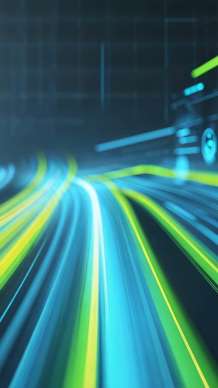Vertical video: shifting camera driving neon streams racing on digital grid showing gauge display
