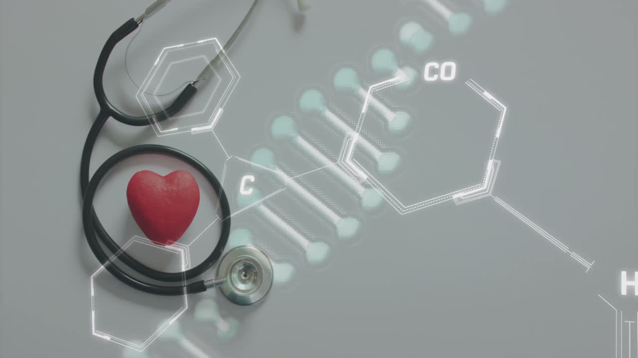 심장과 함께 스테토스코프를 통해 화학 구조와 dna 가닥의 애니메이션