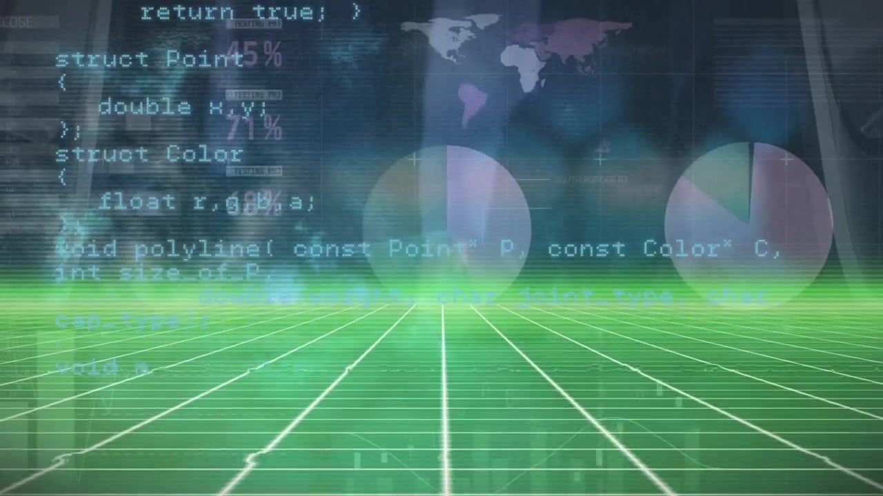 Animation of network of connections and data processing over black background