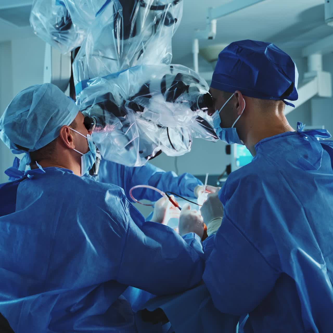Professionelle kirurger udfører en neurokirurgisk operation, mens de kigger i et avanceret mikroskop. Neurokirurgerne sidder tæt på patienten og kigger på udstyret.