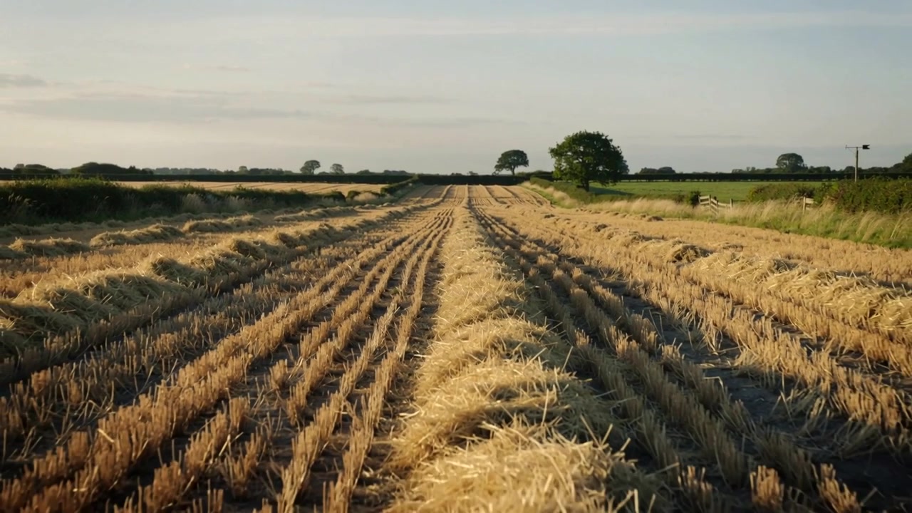 Moving camera advancing through five frames in rural field along stubble rows, showing windrow