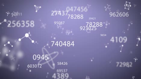 Multiple numbers changing against molecular structures on purple background
