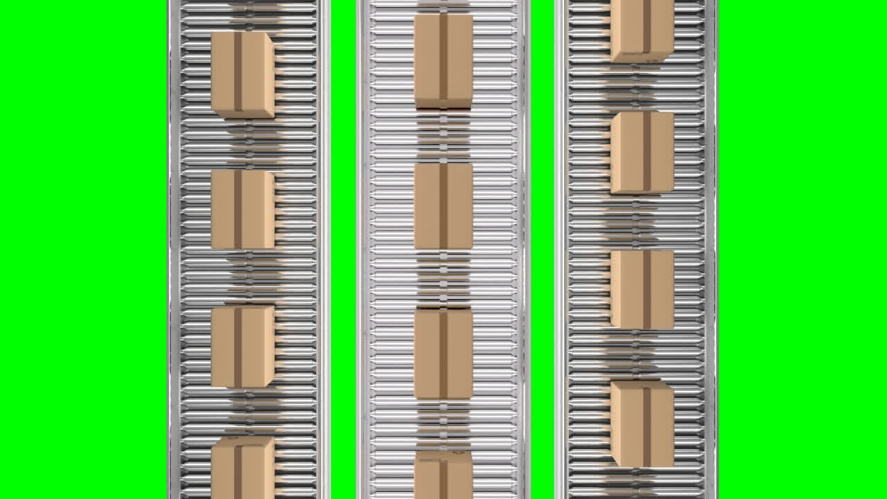 animación de cajas de cartón que se mueven en cintas transportadoras contra un fondo verde