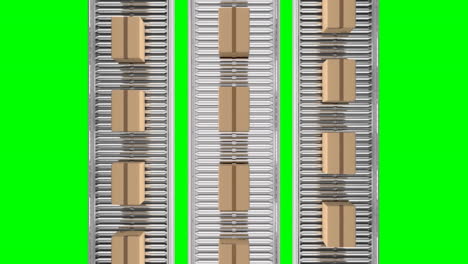 animación de cajas de cartón que se mueven en cintas transportadoras contra un fondo verde