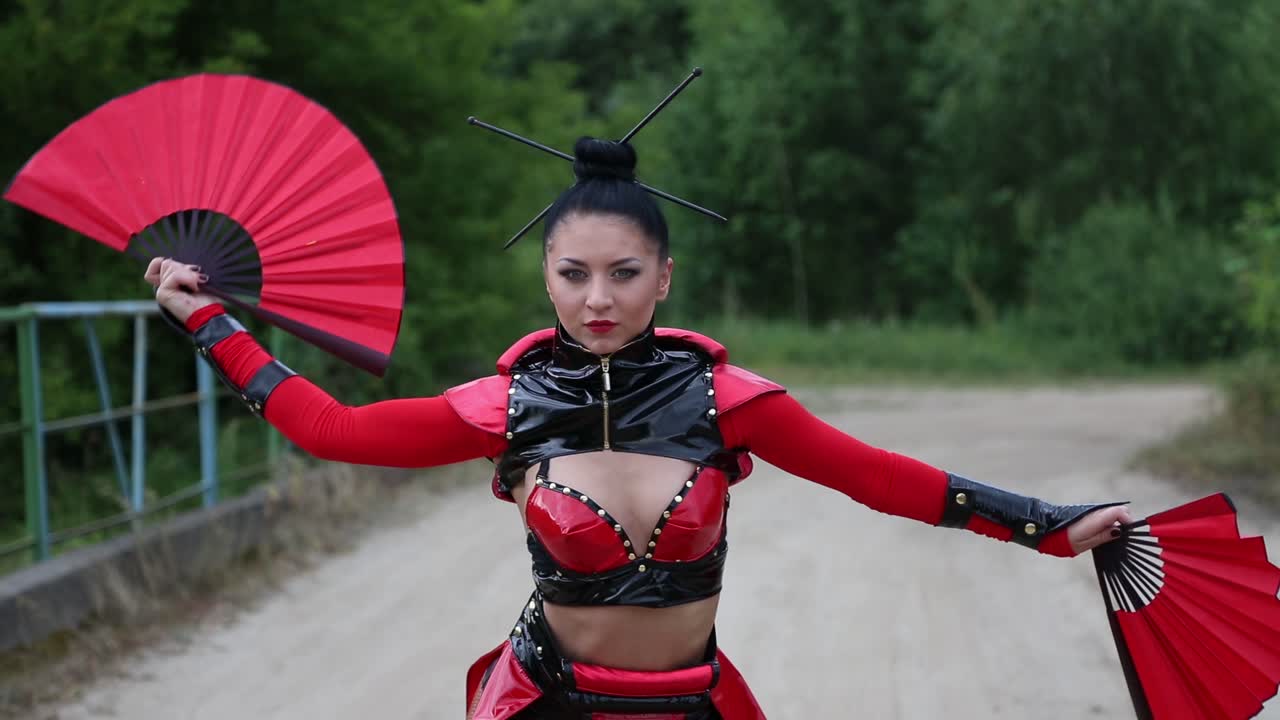 Samurai girl abstract red costume dancing