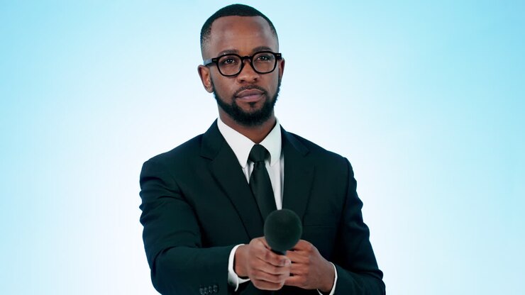 Microphone, reporter and black man for news