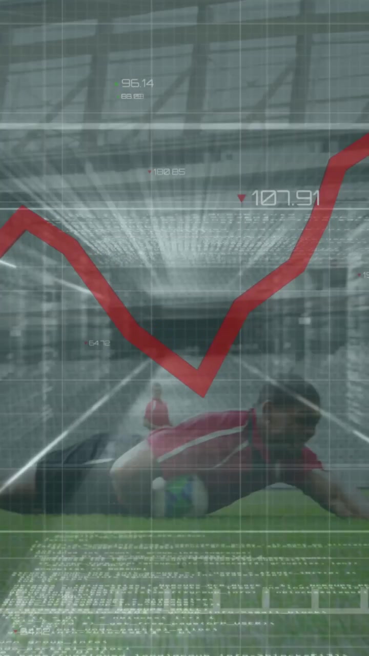 Animation of red line and data processing over rugby players during rugby match in sports stadium