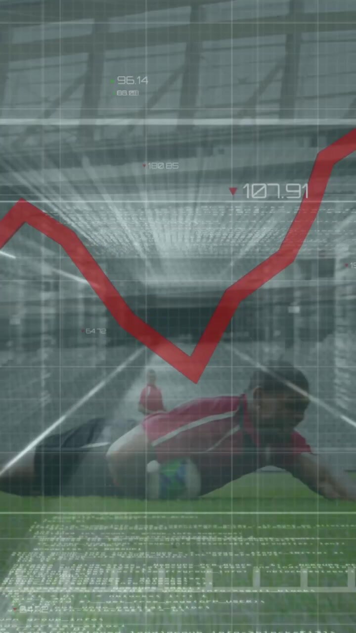 Animation of red line and data processing over rugby players during rugby match in sports stadium
