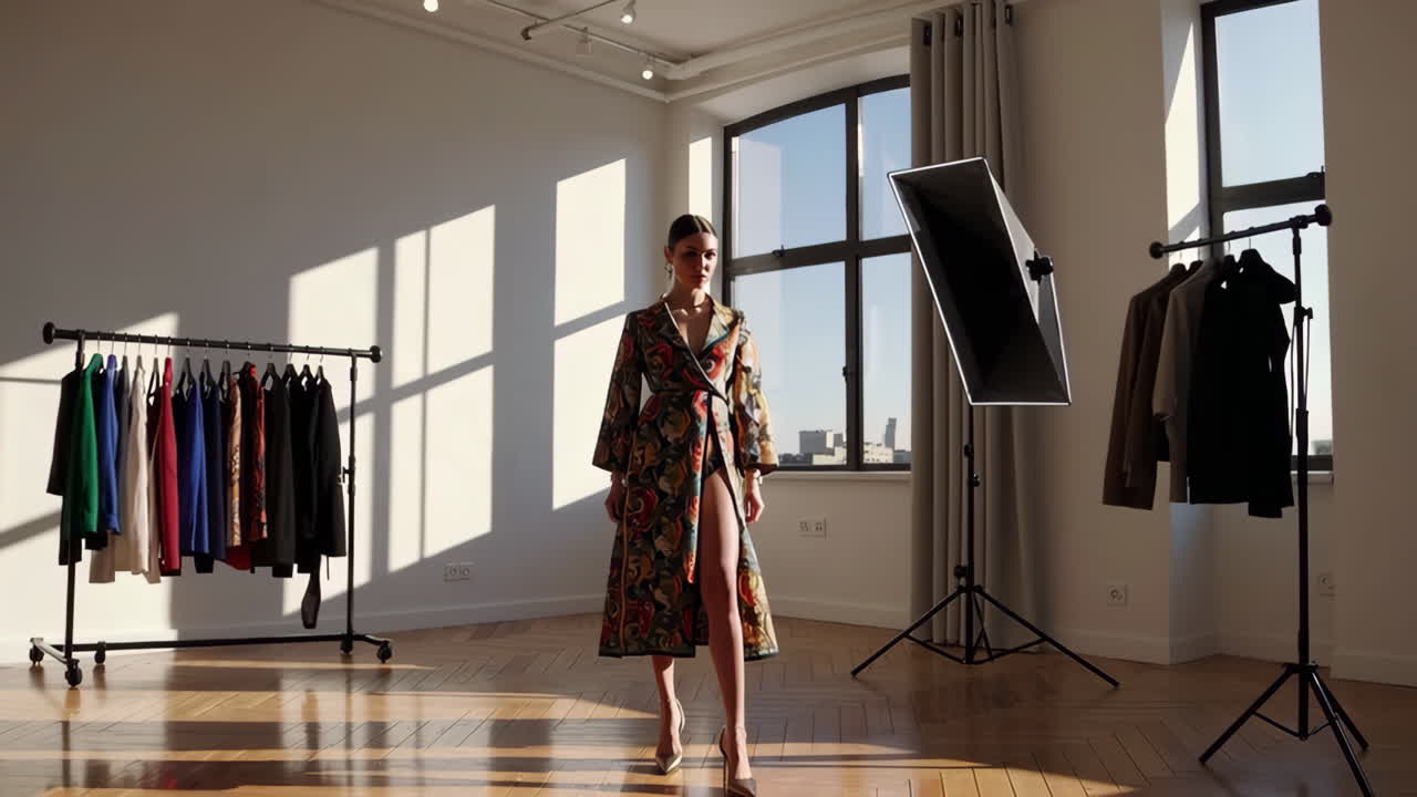Fashion photoshoot of a woman in a floral print dress