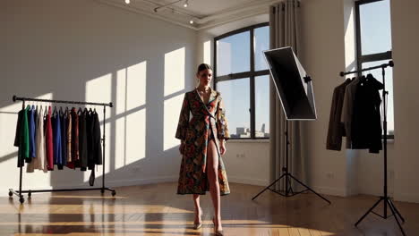 fashion photoshoot of a woman in a floral print dress