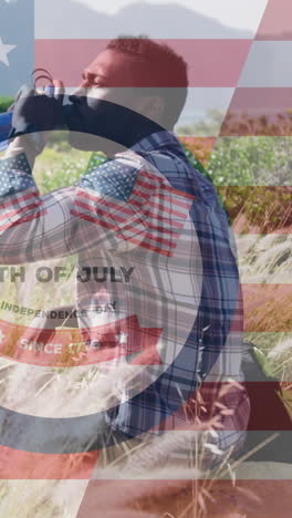 animation of flag of united states of america and fourth of july text over man drinking water