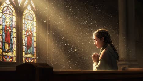 a young girl in contemplation: bathed in divine light amidst the patterns of stained glass, finding solace and peace in a sacred space