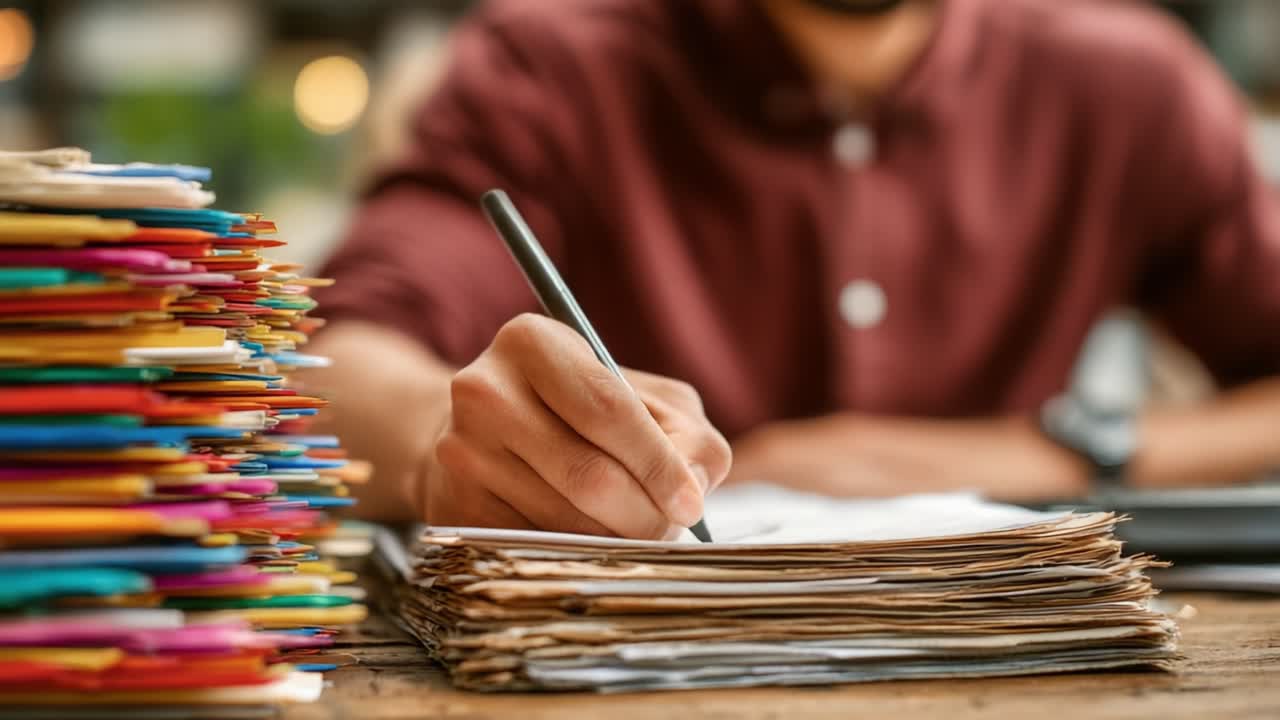 Focused Individual Writing Amidst a Tower of Colorful Files and Stacks of Papers, Capturing the Essence of Creativity and Productivity in a Workspace Setting