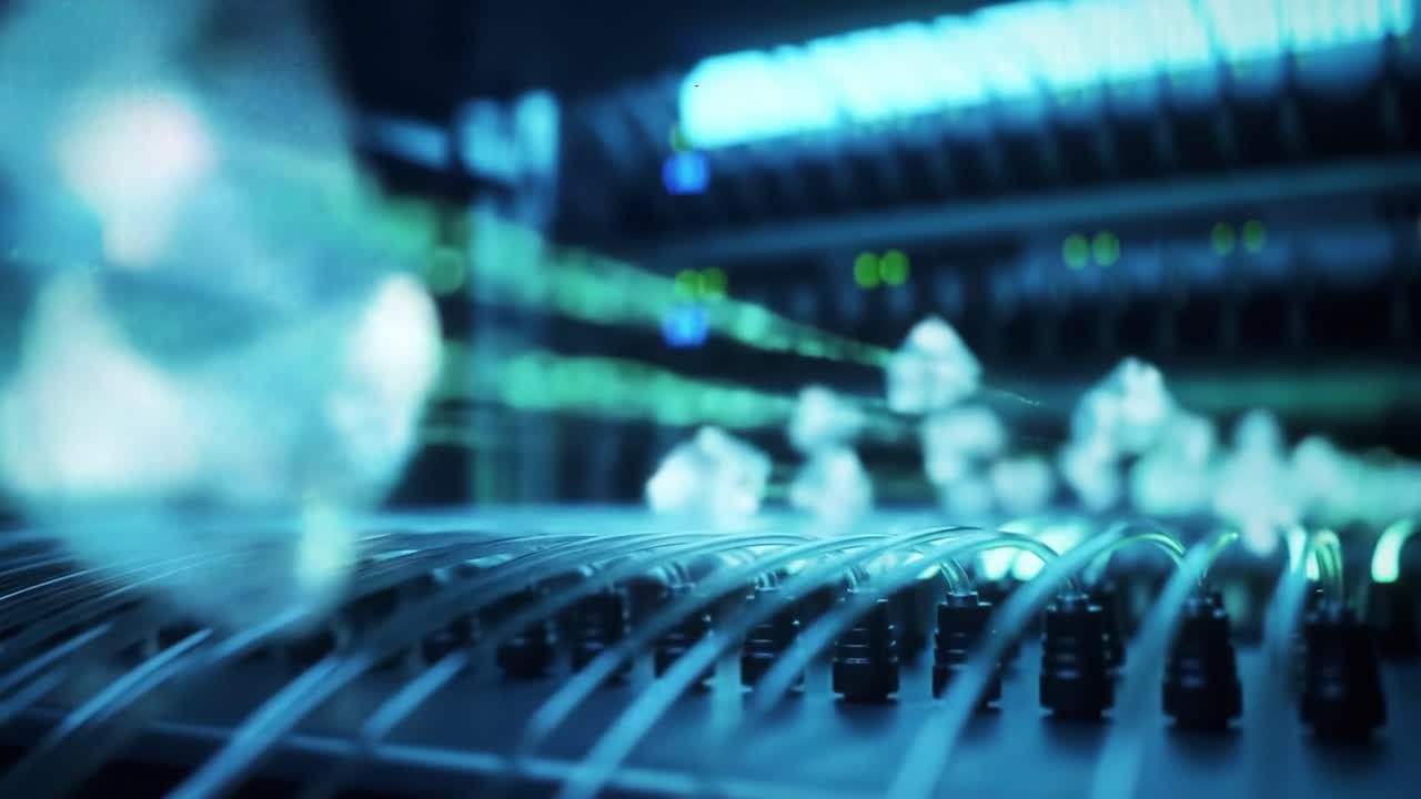 Visually Captivating Journey of Data Through a High-Tech Network, Showcasing Vibrant Streams of Light and Crystal-Like Elements in a Dynamic Digital Environment