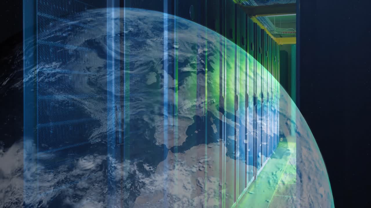 animación de un globo giratorio contra la sala del servidor en el fondo