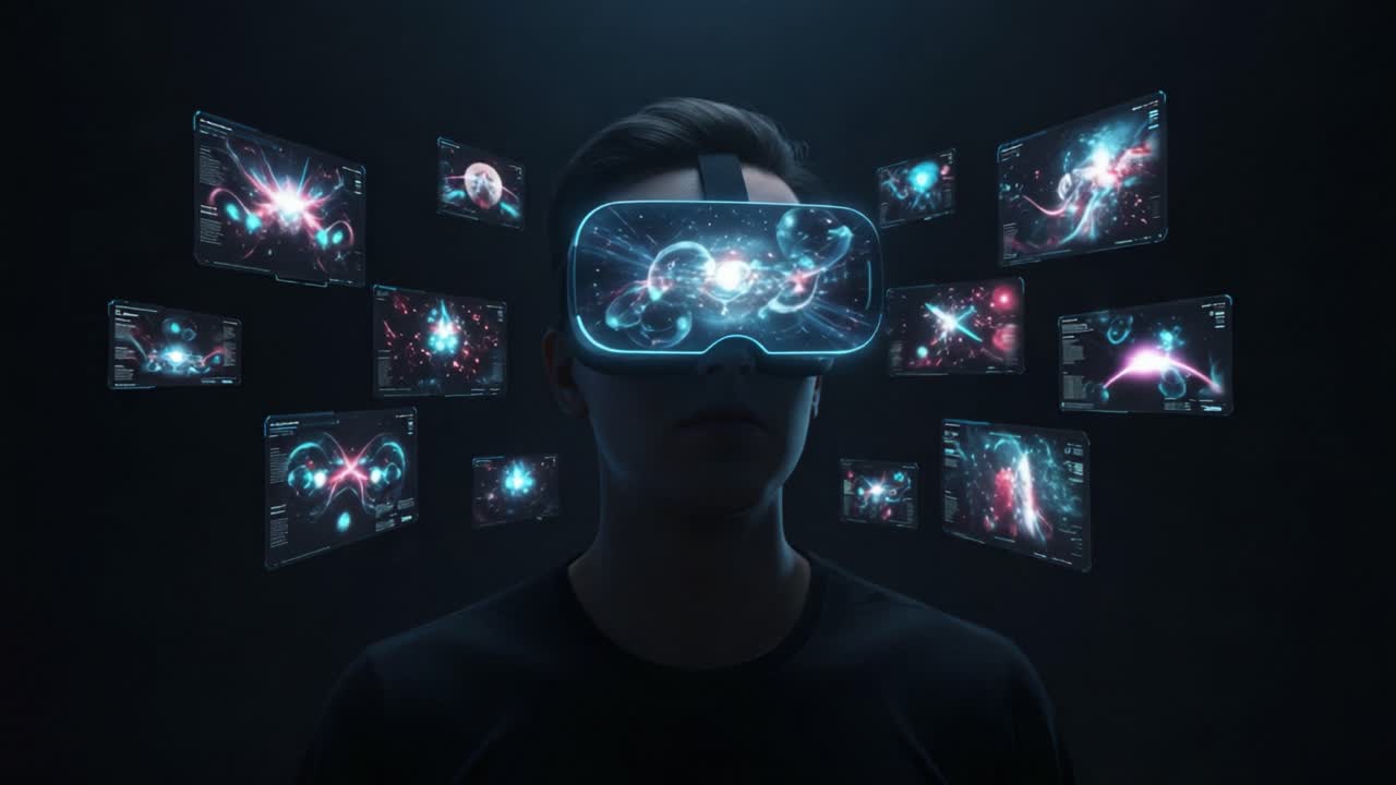 A Futuristic Experience: A Person Engaged in Virtual Reality, Surrounded by Interactive Digital Displays and Holographic Elements, Exploring Complex Data Visualizations