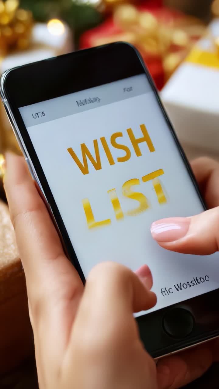 A Close-up of a Hand Holding a Smartphone Displaying a Wish List, Set Against a Festive Background with Gifts and Decorations, Capturing the Holiday Spirit and Anticipation of Giving