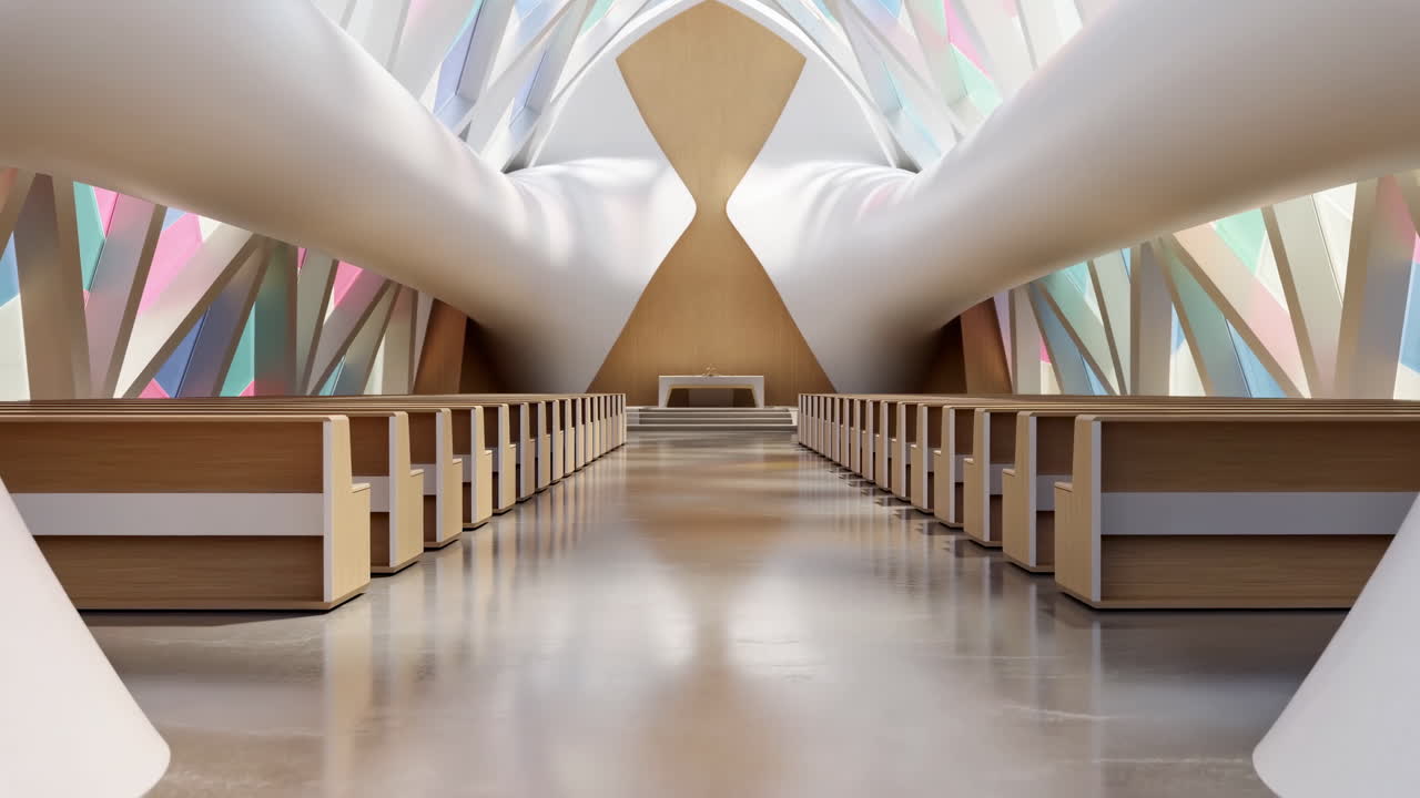 Interni di chiesa moderna con vetrate colorate e banchi vuoti