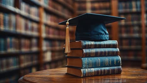 graduation cap on a stack of books in a library