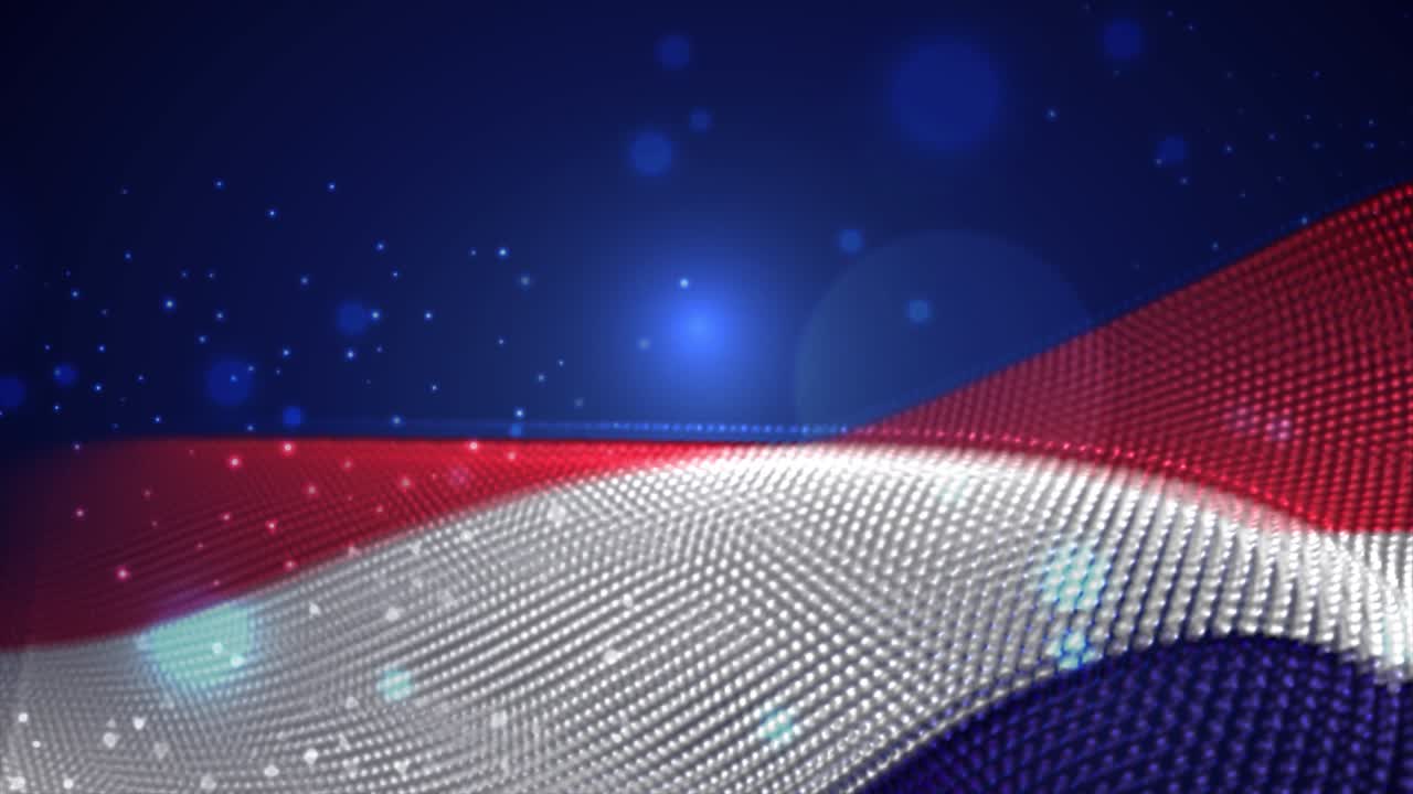 Netherlands waving flag on blue background with bright flares, motion loop