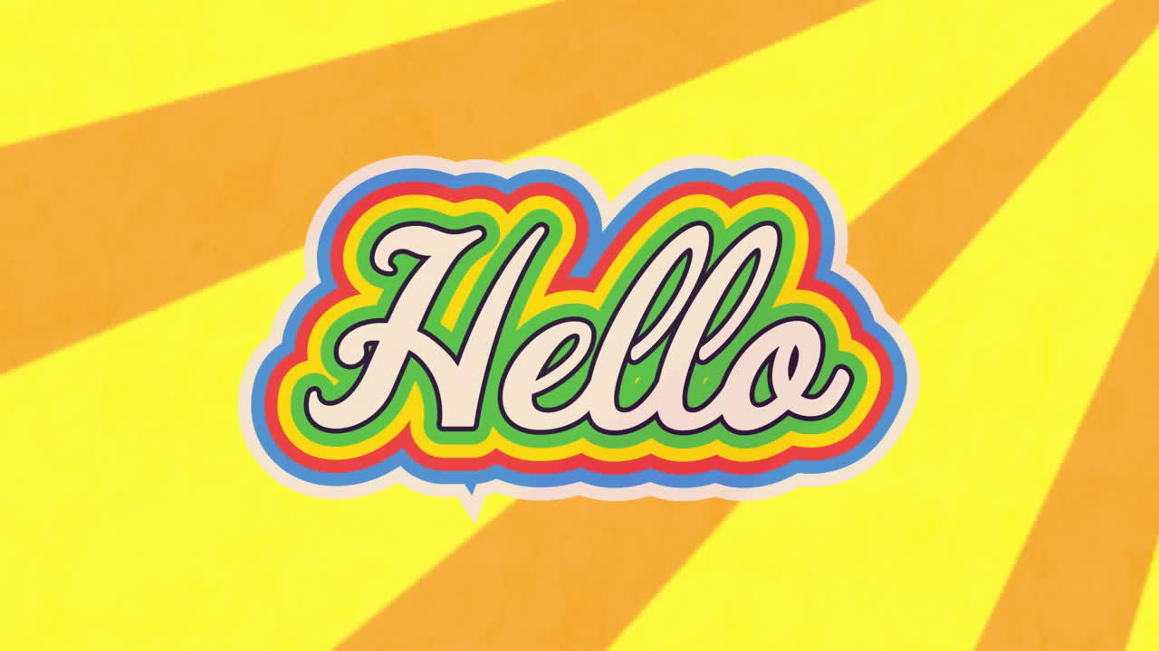 Animation of hello text banner against radial rays in seamless pattern on yellow background