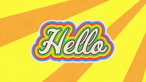 animación de un banner de texto de saludo contra rayos radiales en un patrón sin costuras sobre fondo amarillo