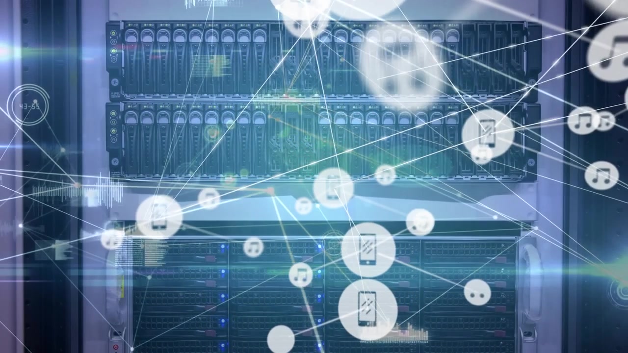 Animazione di una rete di connessioni con icone su un server di computer