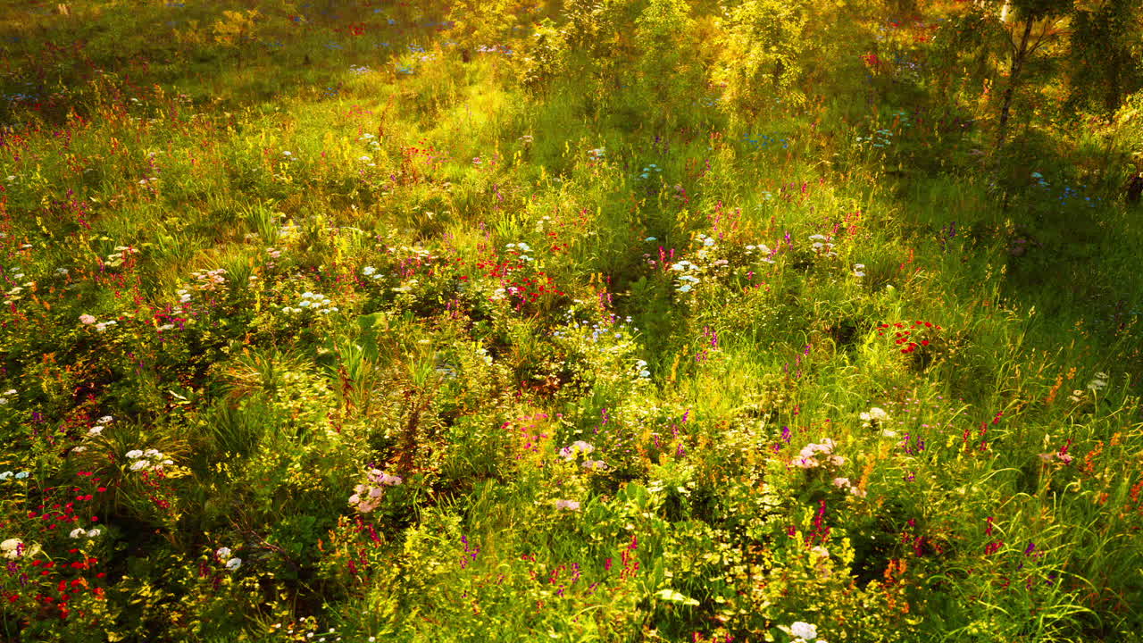 A lush meadow with wildflowers blooming under the sunlight