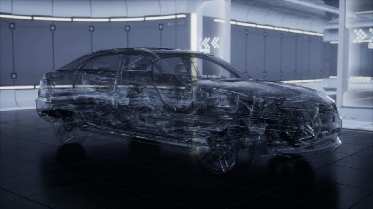 실험실에서 엔진이 있는 투명한 자동차