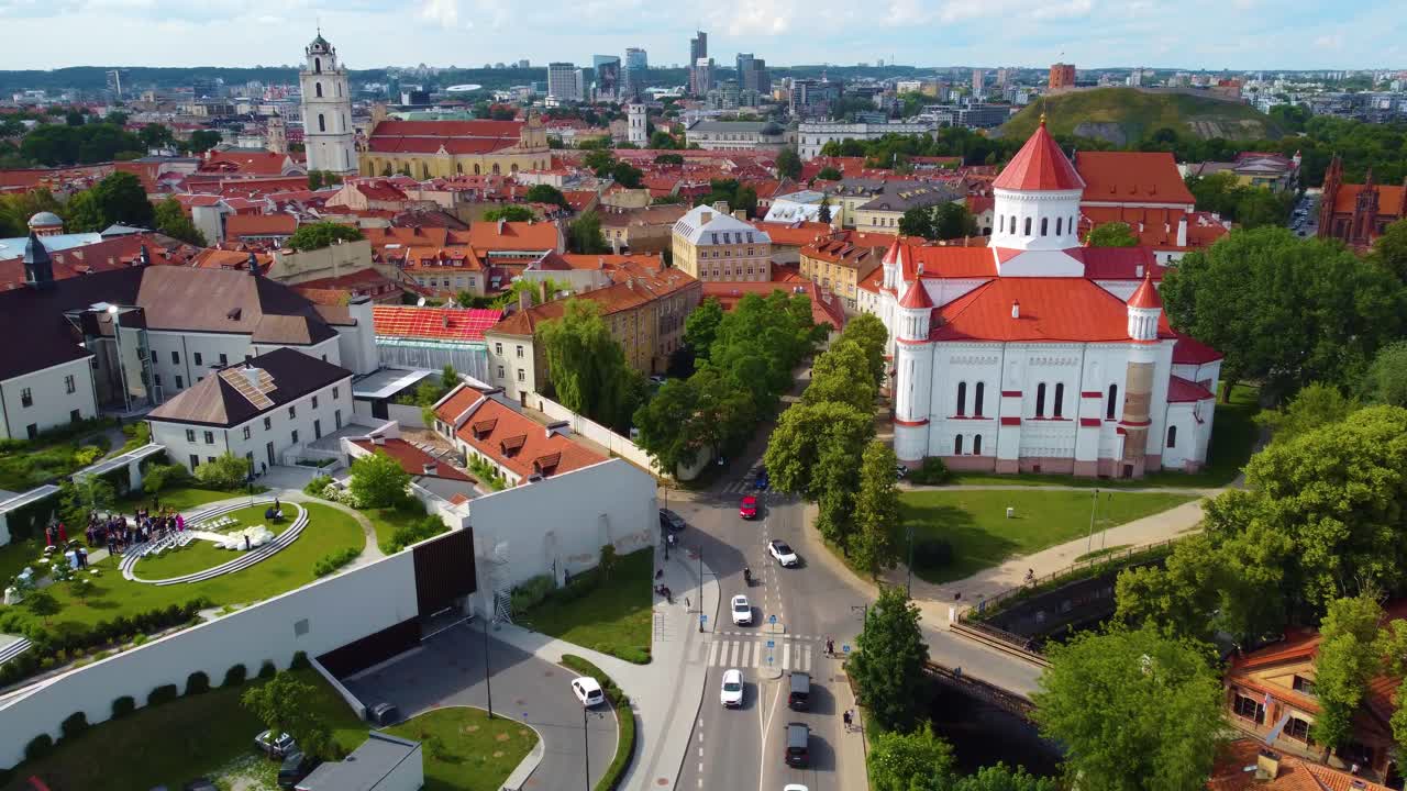 Old town and modern skyscrapers of Vilnius, aerial drone view