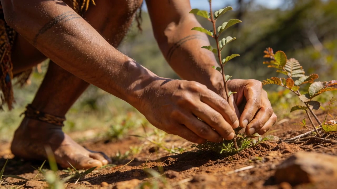 Pessoa descalça plantando, braços tatuados limpando o solo, colocando muda, restaurando a terra em colina ensolarada.