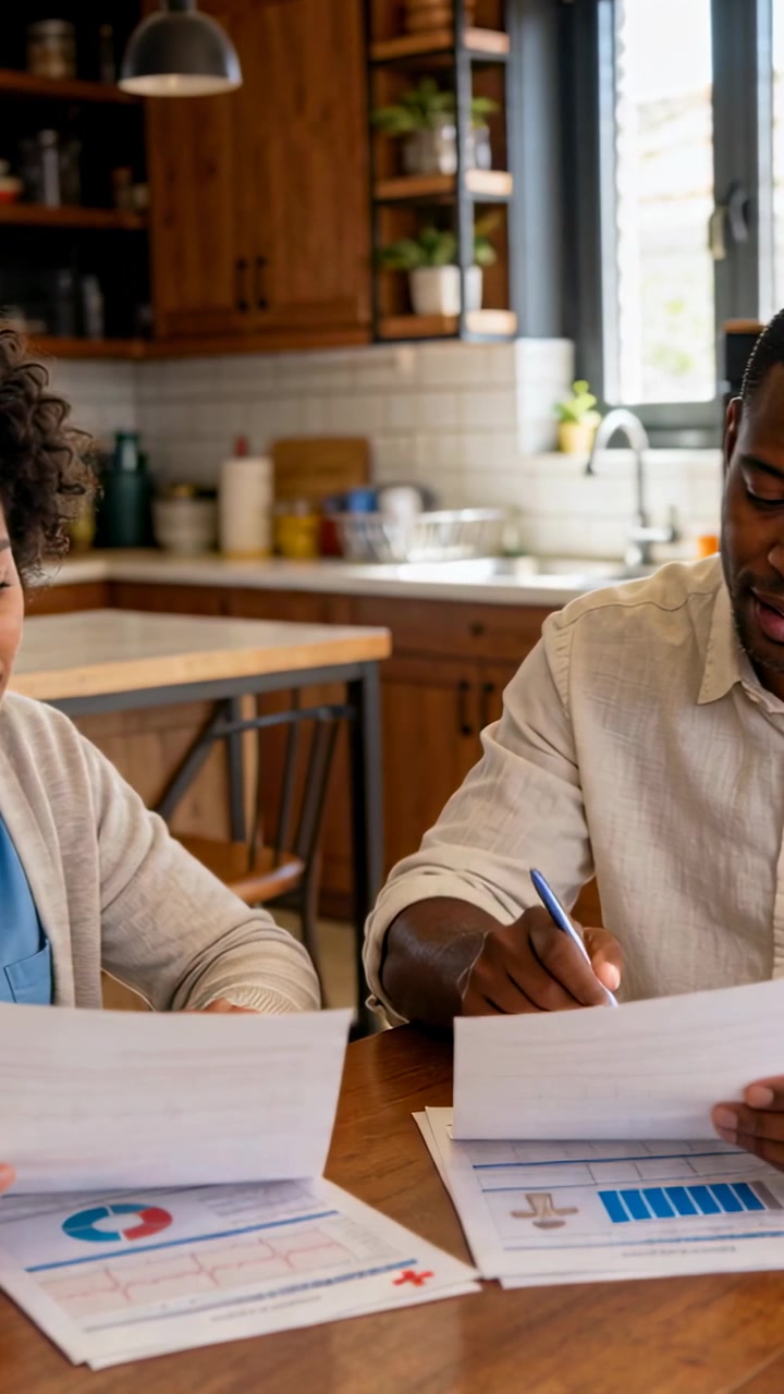 Vertical video: Holding charts, couple in cardigan and shirt signing bills at home table with pen