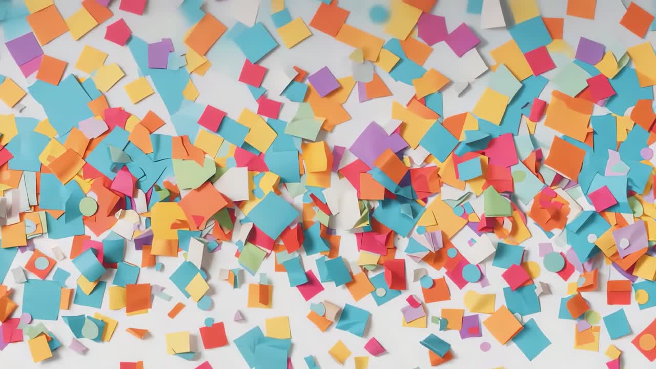 Una pioggia di coriandoli di carta colorati che cadono e fluttuano fuori dall'inquadratura, depositandosi su uno sfondo bianco semplice