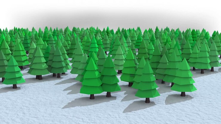 Multiple green tree icons on winter landscape against white background