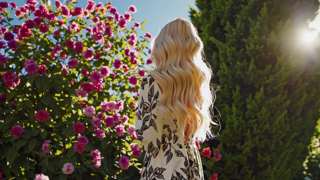 mujer rubia en vestido floral en un jardín