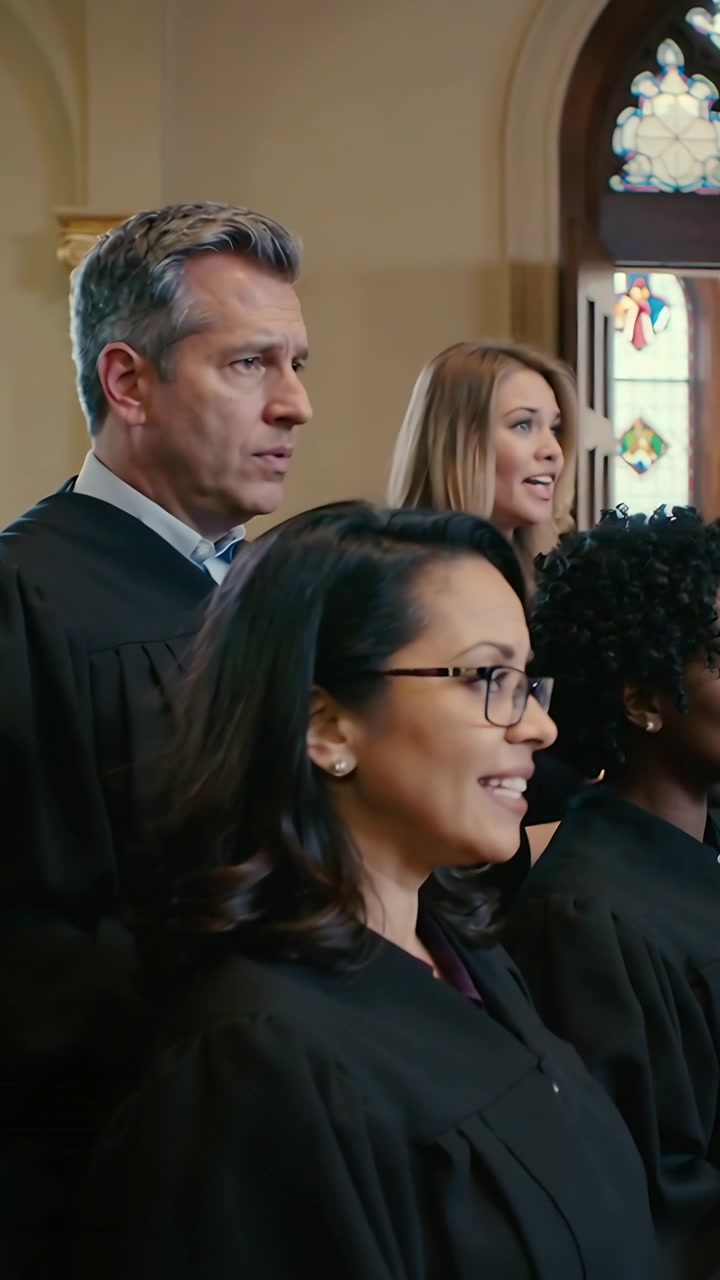 Video verticale: La telecamera si sposta su un coro che canta durante una funzione religiosa in chiesa, in tonache nere, con vetrate istoriate.