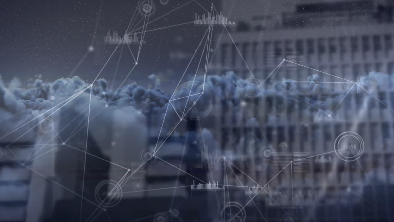 Animation of network of connections and data processing over cityscape