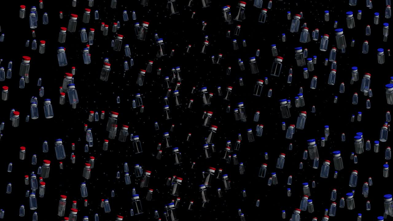 파란색과 빨간색 백신 병이 검은색 바탕에 왼쪽에서 오른쪽으로 날아갑니다.