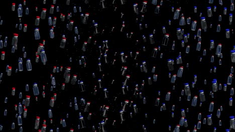 blue and red vaccine bottles fly from left to right on a black background.