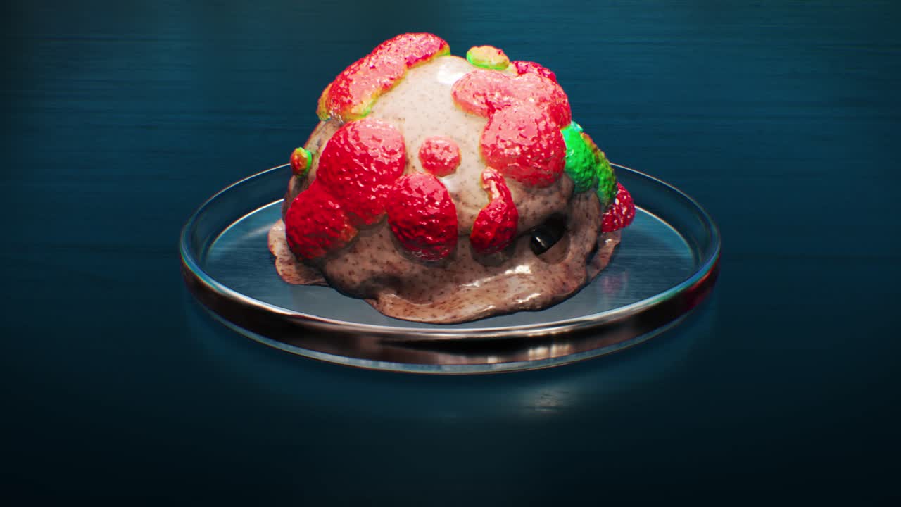 외계에서 온 알려지지 않은 바이러스가 페트리 접시에 있는 유기적인 번식 세포를 감염시켜 활기찬 색을 퍼뜨립니다.