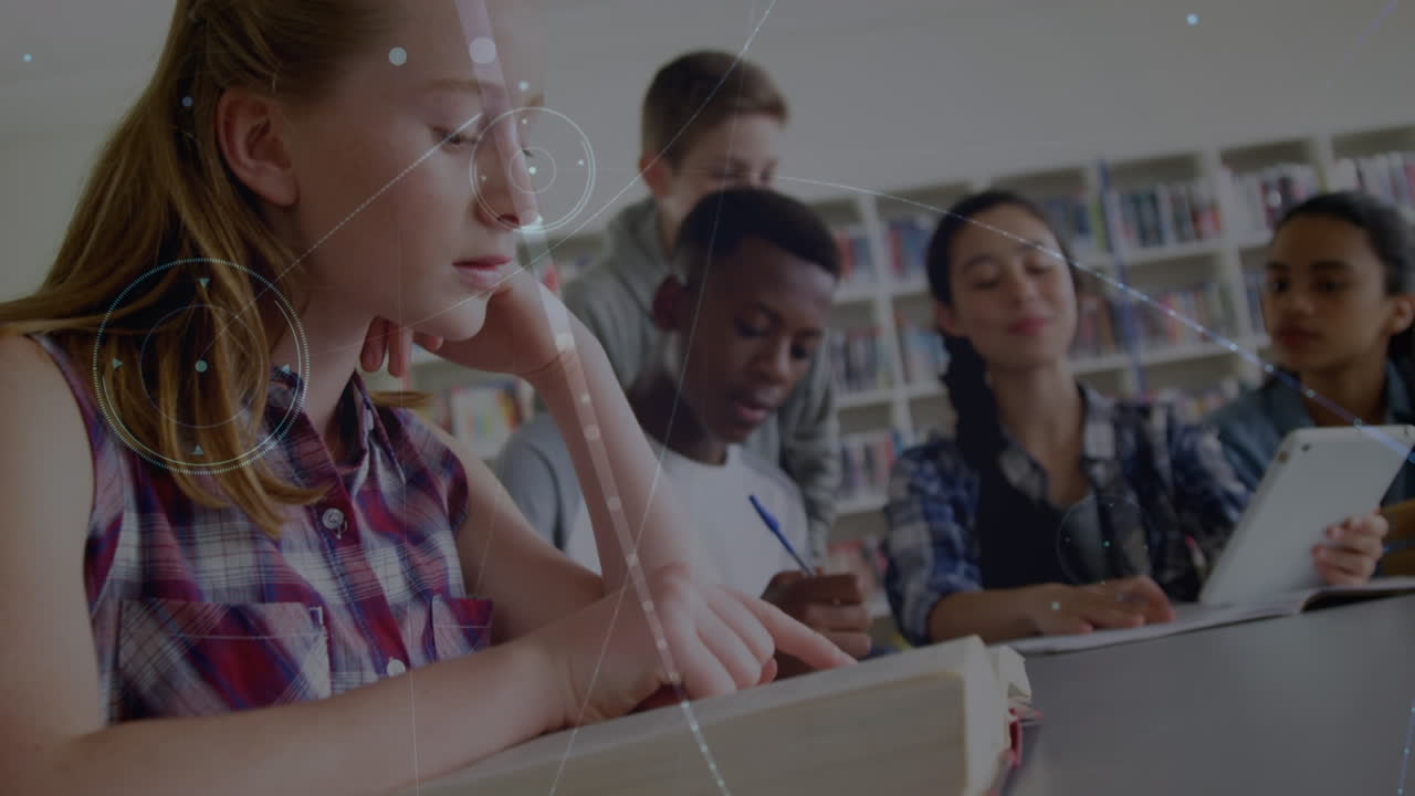 red de conexiones contra la niña caucásica que estudia en la clase en la escuela