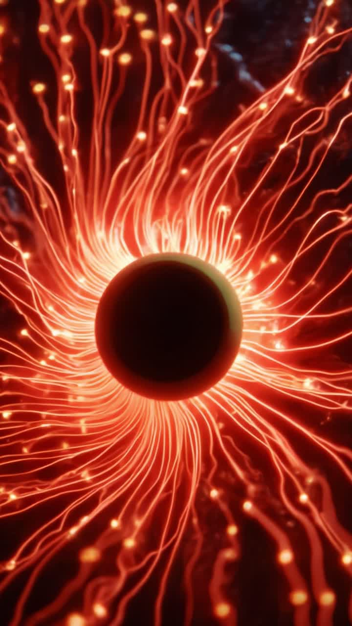 A captivating visual representation of energy dynamics, showcasing a central dark orb surrounded by vibrant, intricate strands of glowing light, symbolizing movement and cosmic interaction in a mesmerizing display