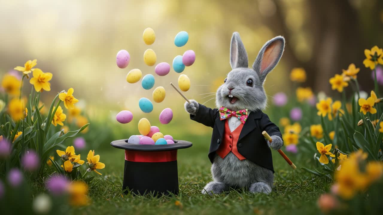 Eine zauberhafte Osterhasen-Vorstellung in einem farbenfrohen Blumenfeld: Der bezaubernde Hase jongliert meisterhaft mit bunten Eiern aus einem Zylinder, umgeben von Blüten