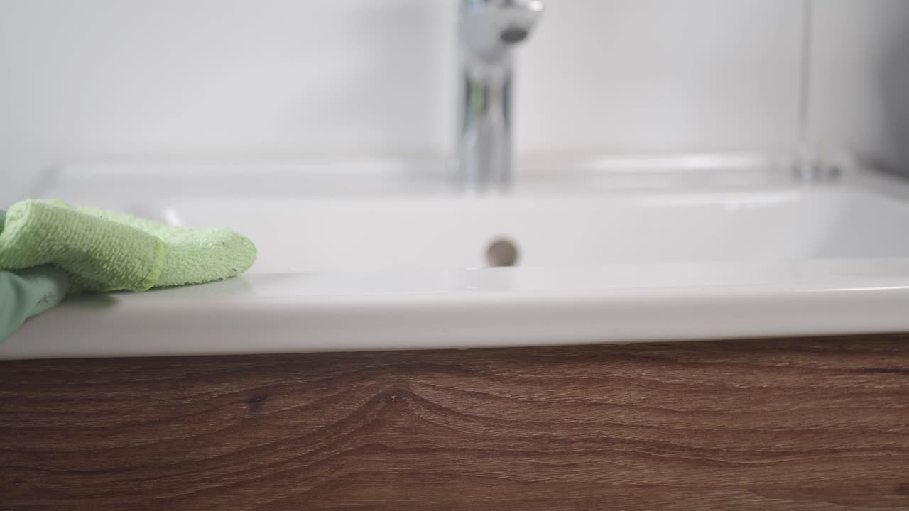 крупный план рукавички, очищающей раковину в ванной