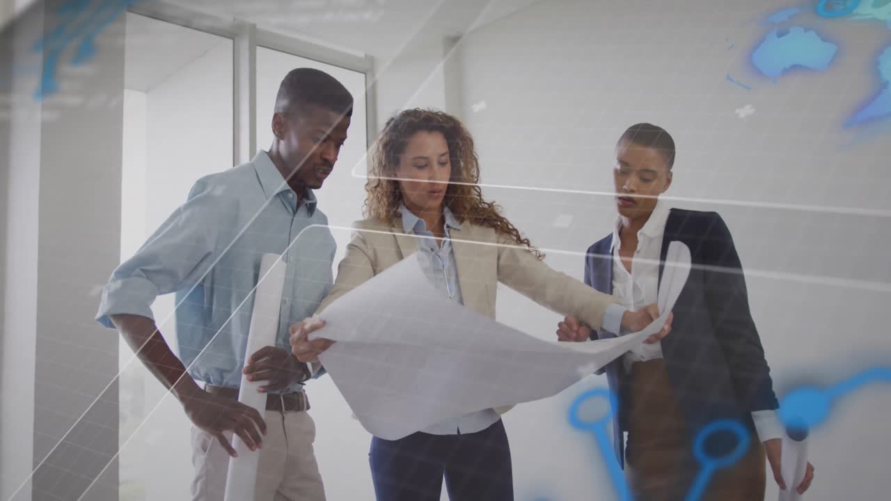 Animation of interface with data processing over team of diverse colleagues discussing at office