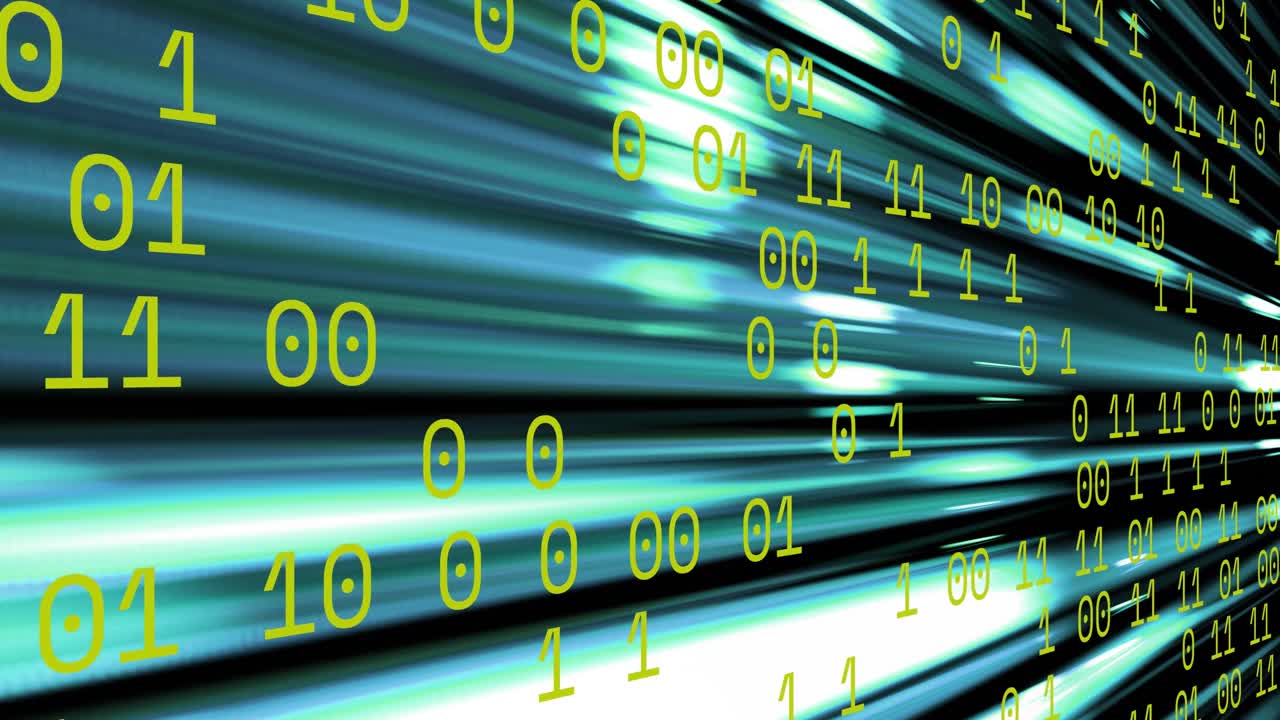 Animation of binary coding and data processing over blue light trails