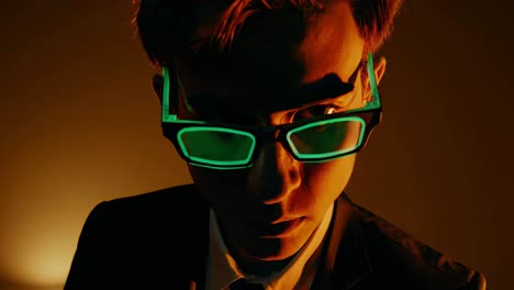 close up portrait of a man wearing futuristic glasses emitting a vibrant green glow, creating a mysterious and intriguing cyberpunk atmosphere