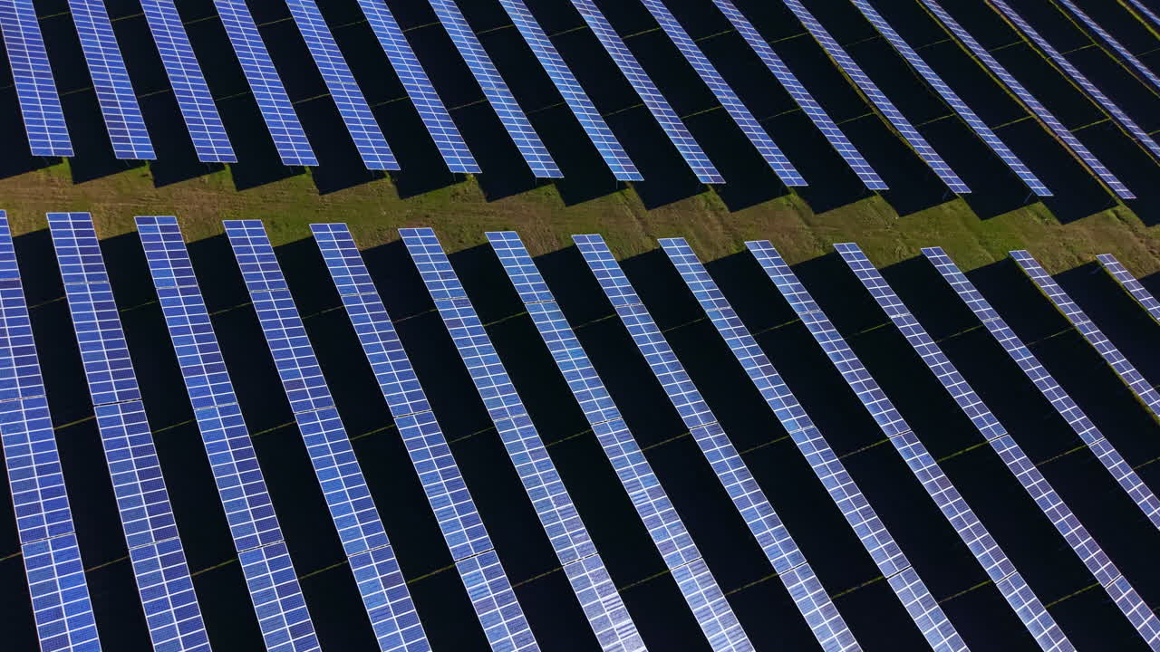 I pannelli solari coprono una vasta area in un impianto di energia rinnovabile durante le ore di sole intenso.