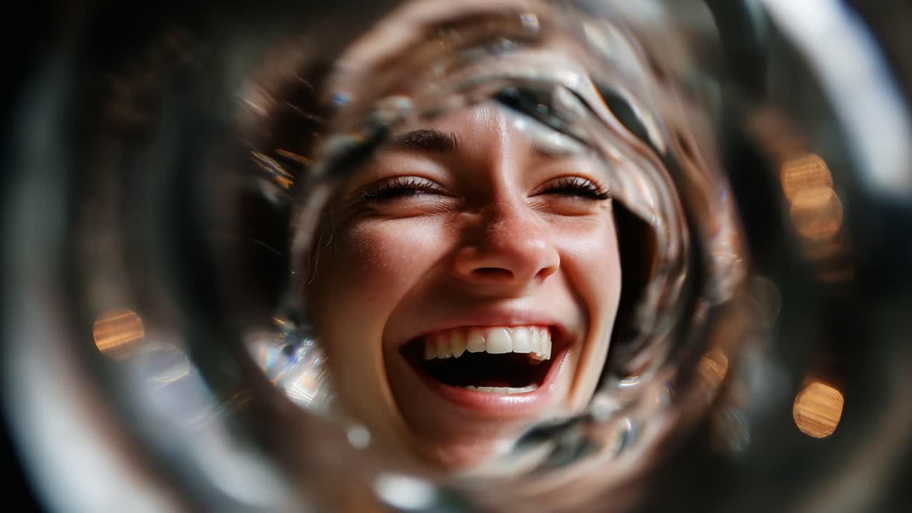 A Joyful Smile Captured Through a Unique Lens: The Euphoria of Laughter Seen Through Glass, Framing the Beauty of Genuine Happiness in Effervescent Moments