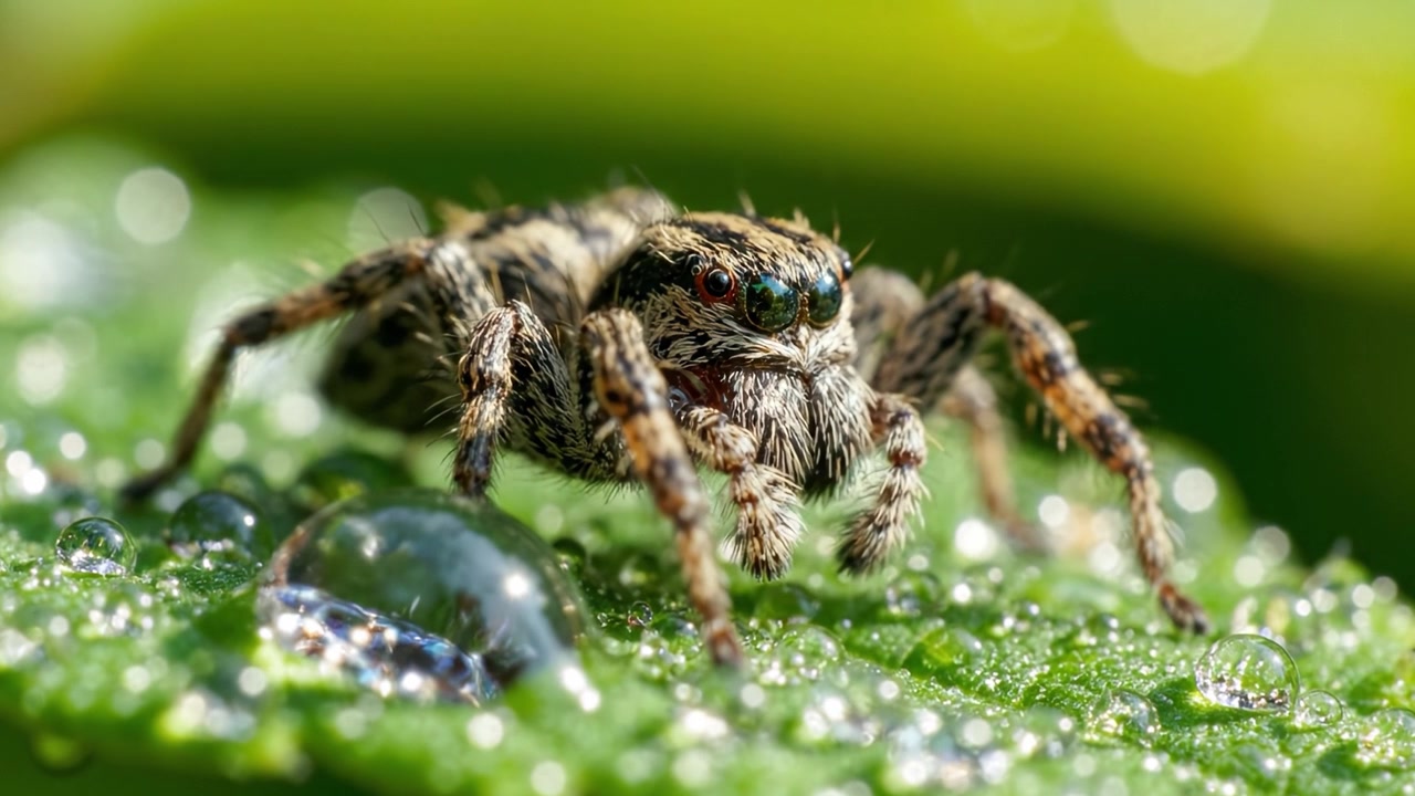 Eine Nahaufnahme einer Springspinne auf einem Blatt, getränkt in Morgentautropfen, die komplexe Details und Texturen der Natur zeigt.